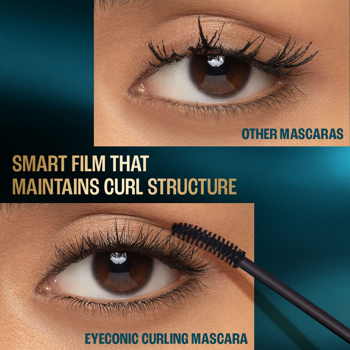 Lakme 9 To 5 Eyeconic curling mascara in black, smudge-proof and waterproof, showing the mascara wand and eye with voluminous lashes