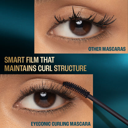 Lakme 9 To 5 Eyeconic curling mascara in black, smudge-proof and waterproof, showing the mascara wand and eye with voluminous lashes