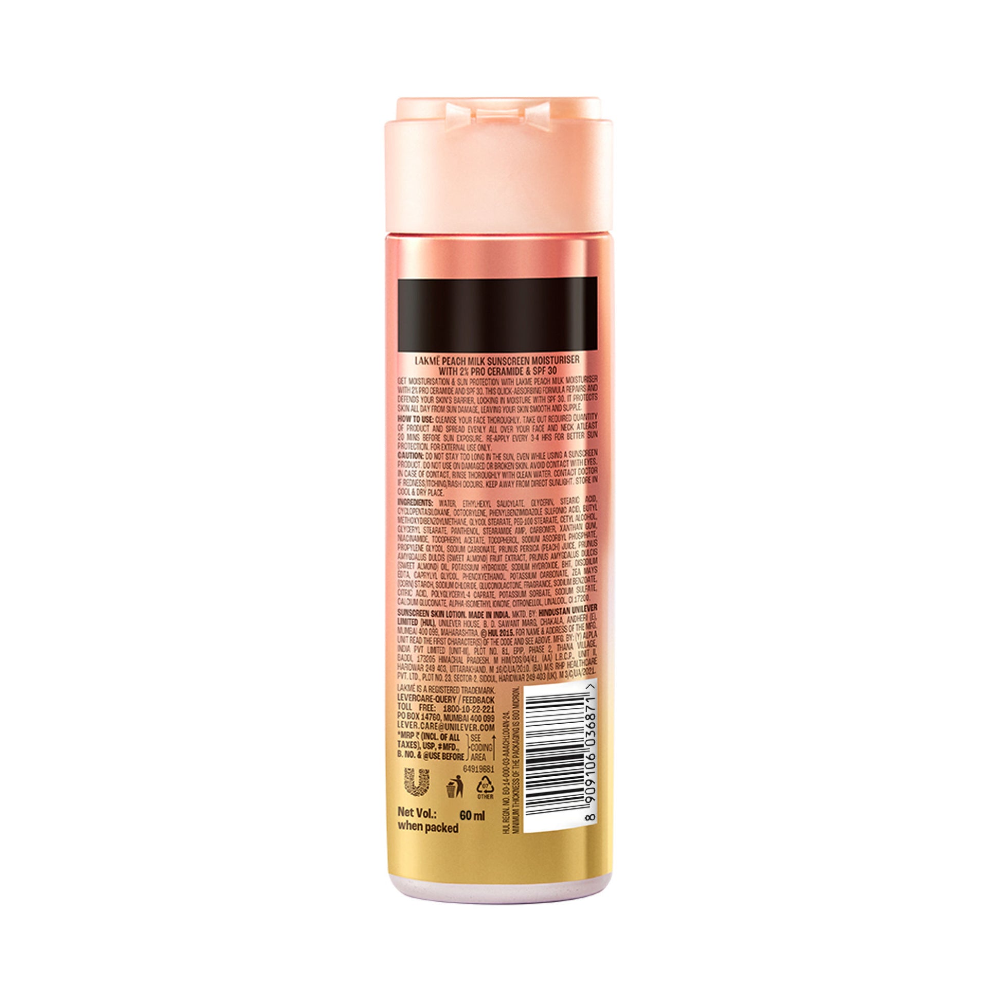 Lakmé Peach Moisturiser with SPF 30 & Ceramide, UV Defense & Barrier Repair, All Skin Types