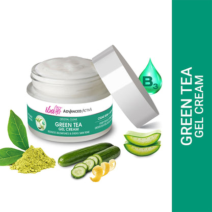 Iba Advanced Activs Crystal Clear Green Tea Gel Cream jar with green tea extract, showcasing the product label and packaging.