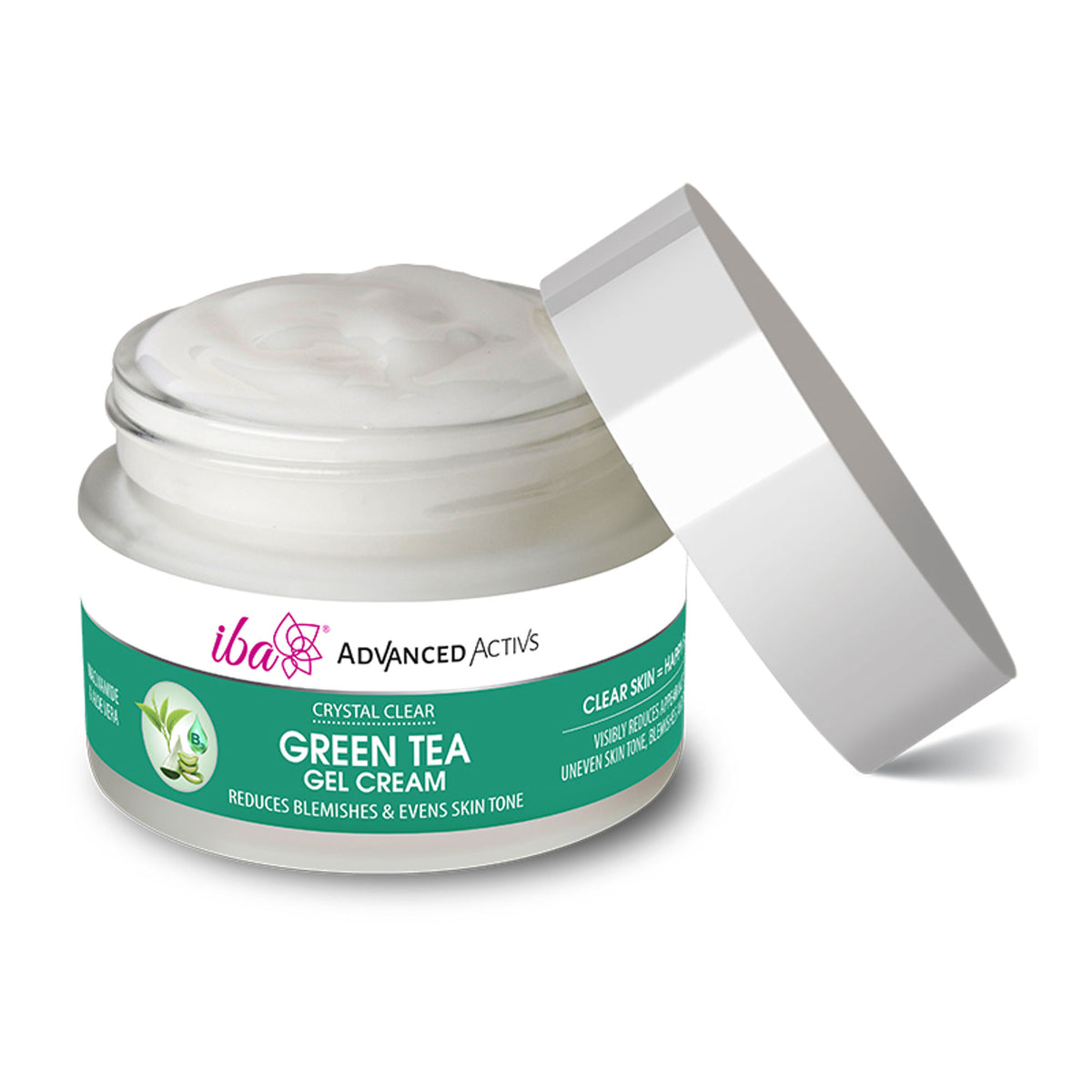 Iba Advanced Activs Crystal Clear Green Tea Gel Cream jar with green tea extract for skincare and hydration.