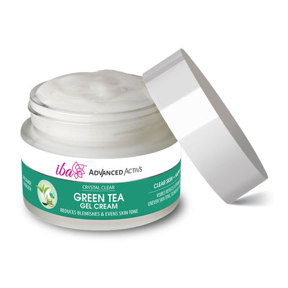 Iba Advanced Activs Crystal Clear Green Tea Gel Cream jar with green tea extract for skincare and hydration.