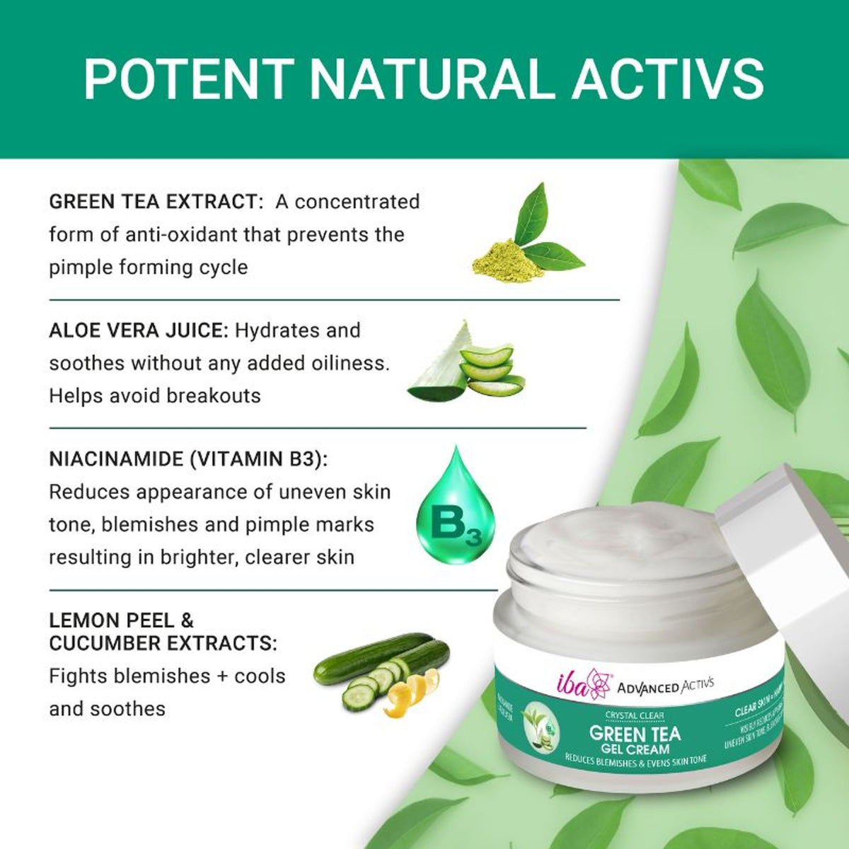Iba Advanced Activs Crystal Clear Green Tea Gel Cream jar with green tea-infused gel formula, visible label and product packaging.