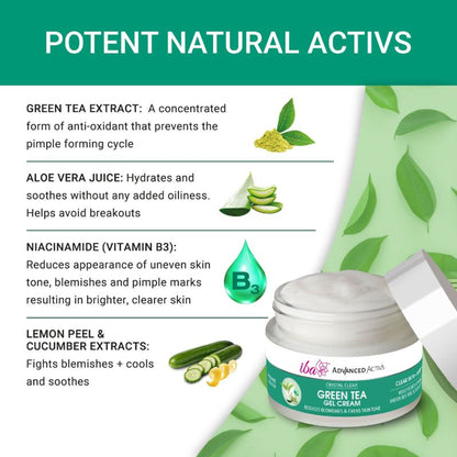 Iba Advanced Activs Crystal Clear Green Tea Gel Cream jar with green tea-infused gel formula, visible label and product packaging.