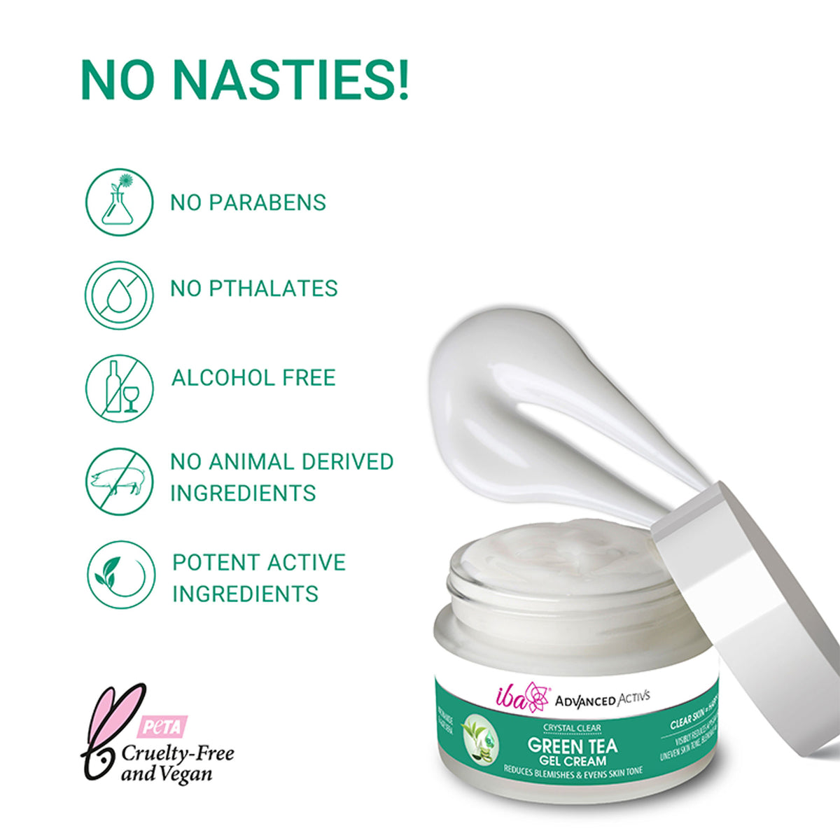 IBA Advanced Activs Crystal Clear Green Tea Gel Cream in a jar, featuring a green tea-infused skincare formula.
