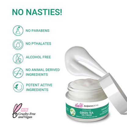 IBA Advanced Activs Crystal Clear Green Tea Gel Cream in a jar, featuring a green tea-infused skincare formula.