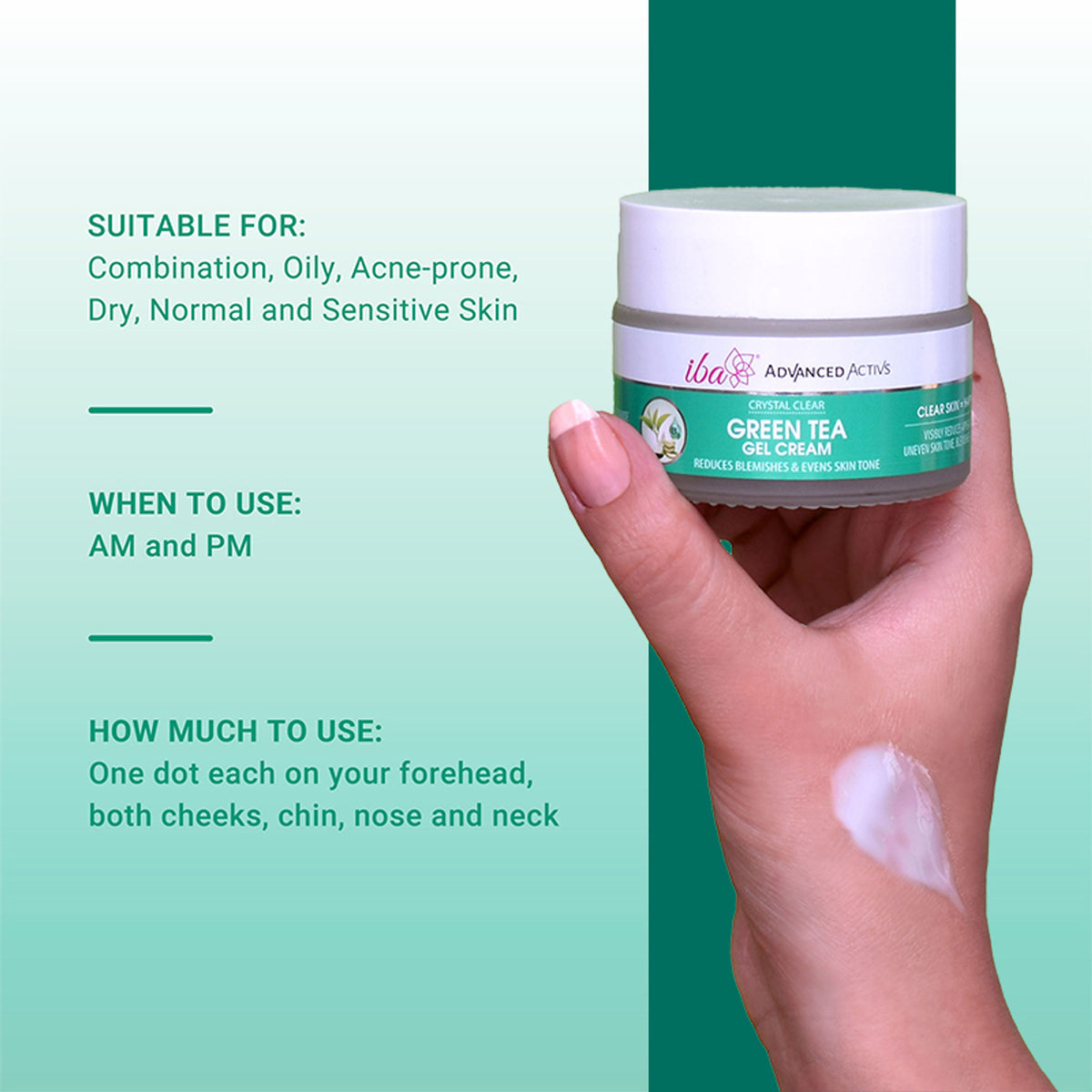 Iba Advanced Activs Crystal Clear Green Tea Gel Cream jar with green tea extract for skincare, displayed on a white background.