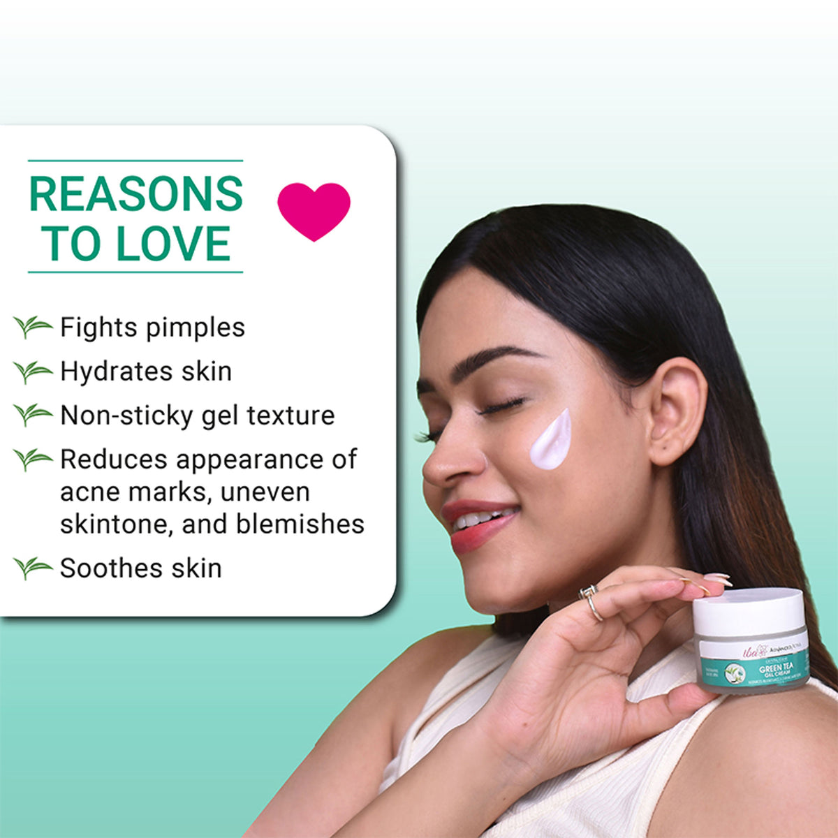 Iba Advanced Activs Crystal Clear Green Tea Gel Cream jar with green tea extract, smooth gel texture, and fresh green packaging.