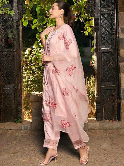 Indyancart IE Floral Embroidered Pure Cotton Straight Kurta With Trousers & Dupatta