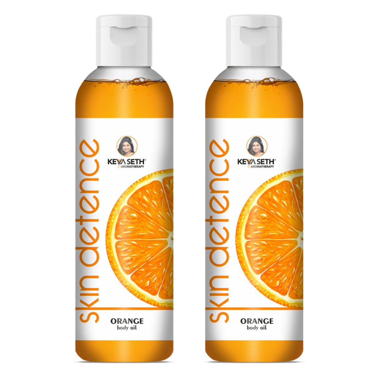 Keya Seth Aromatherapy Skin Defence Orange Body Oil in a pack of two bottles, natural skincare with citrus essential oils.