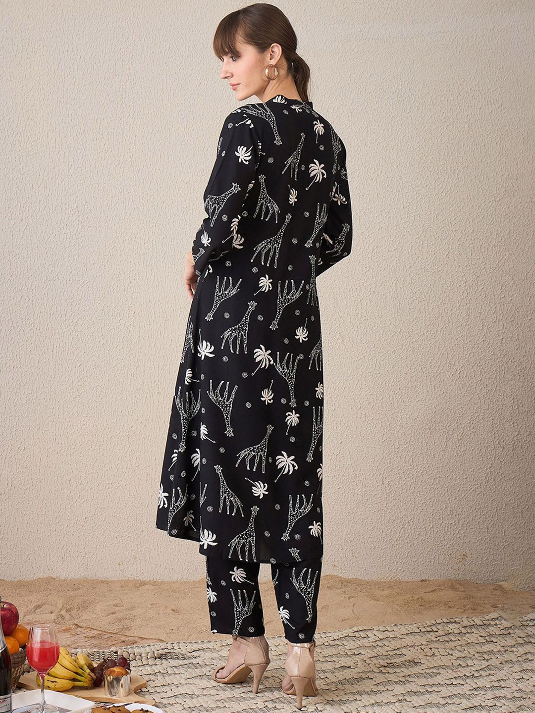 Dhiyona IE Printed Mandarin Collar A-Line Tunic With Trouser