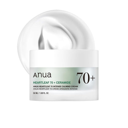 Anua Heartleaf 70 Intense Calming Cream with ceramide and panthenol for skin barrier repair, shown in a jar with natural ingredients.