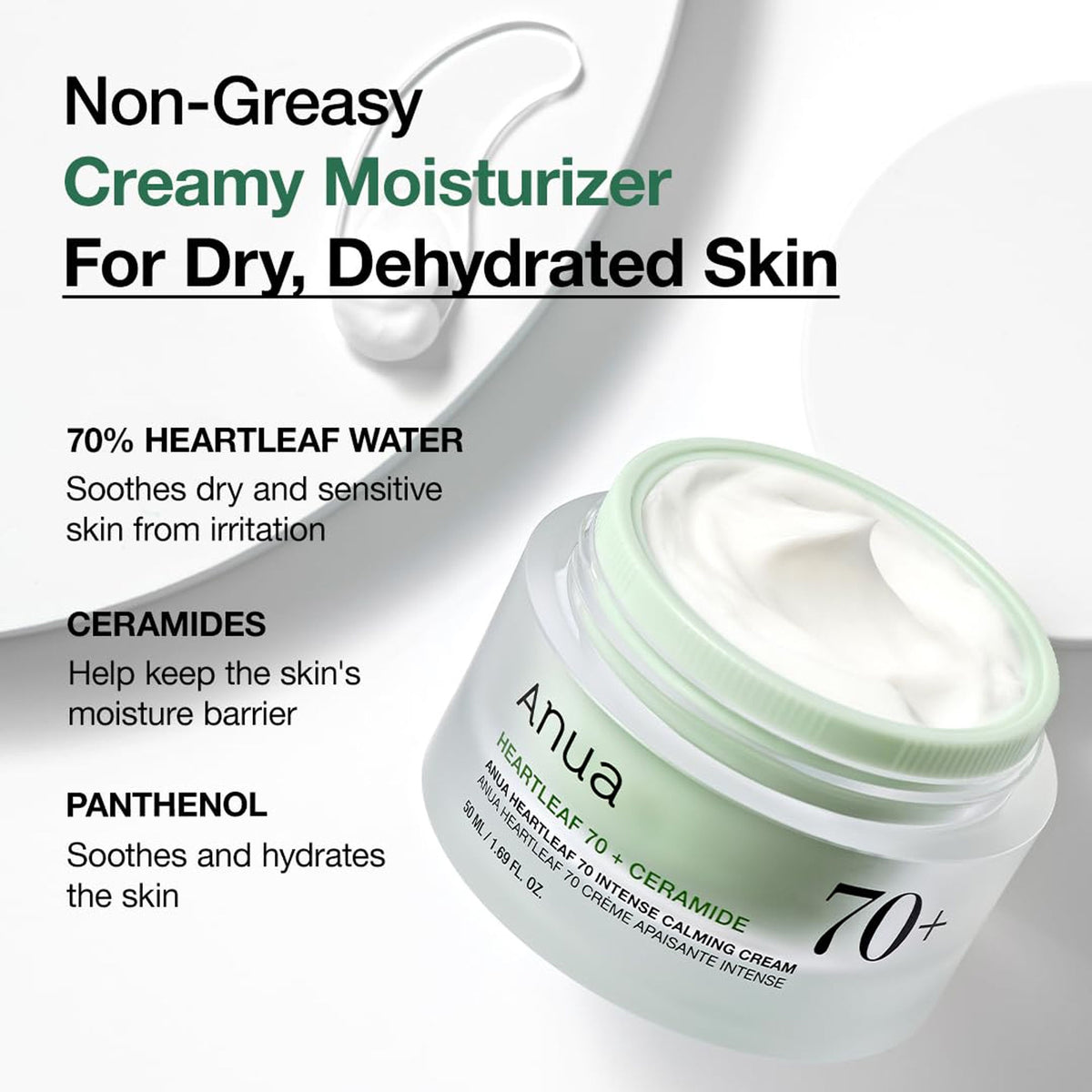 Anua Heartleaf 70 Intense Calming Cream with ceramide and panthenol for skin barrier repair, shown in a jar with a white lid