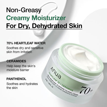 Anua Heartleaf 70 Intense Calming Cream with ceramide and panthenol for skin barrier repair, shown in a jar with a white lid