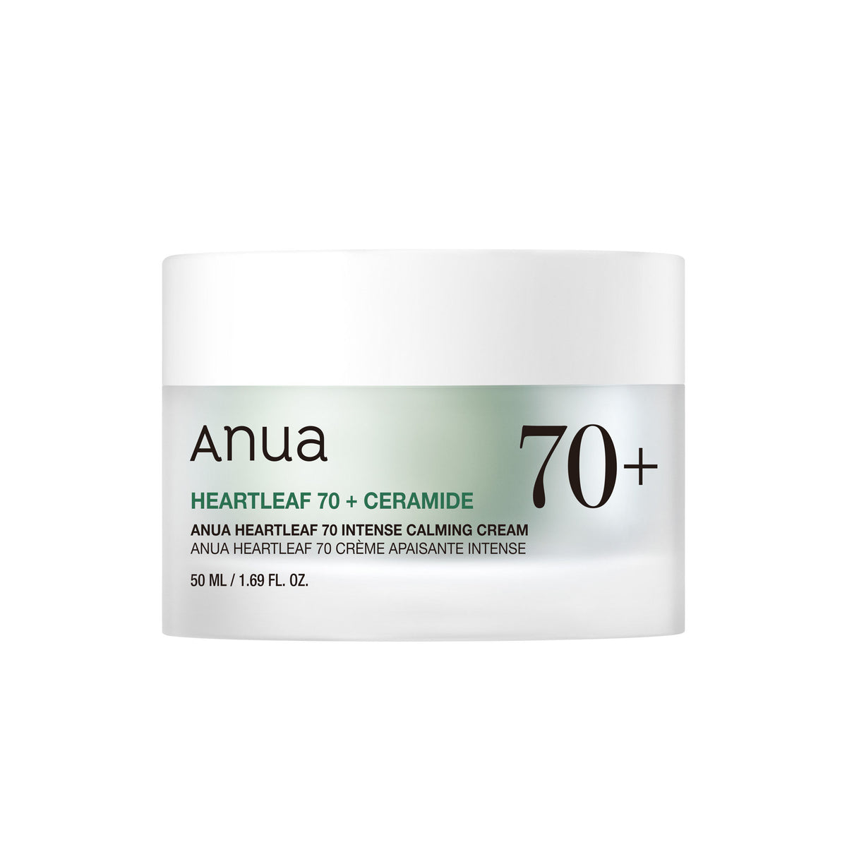 Anua Heartleaf 70 Intense Calming Cream with ceramide and panthenol for skin barrier repair, shown in a jar with green and white packaging.