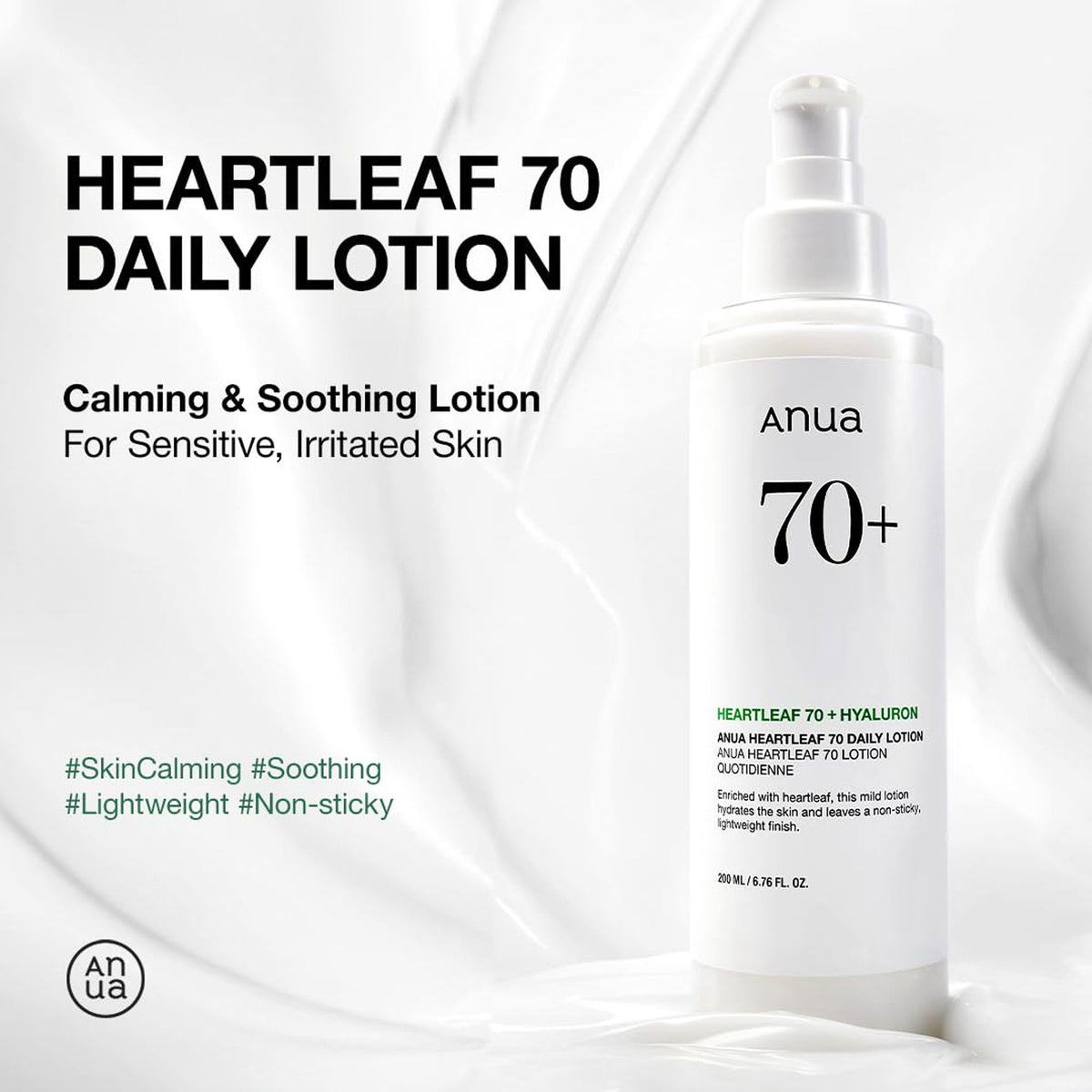 Anua Heartleaf 70 Daily Lotion, lightweight moisturizer with hyaluronic acid for dry, acne-prone skin, shown in a white bottle.