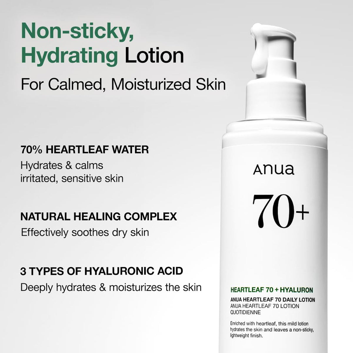 Anua Heartleaf 70 Daily Lotion lightweight moisturizer with hyaluronic acid for dry, acne-prone skin, showing the bottle and product label.