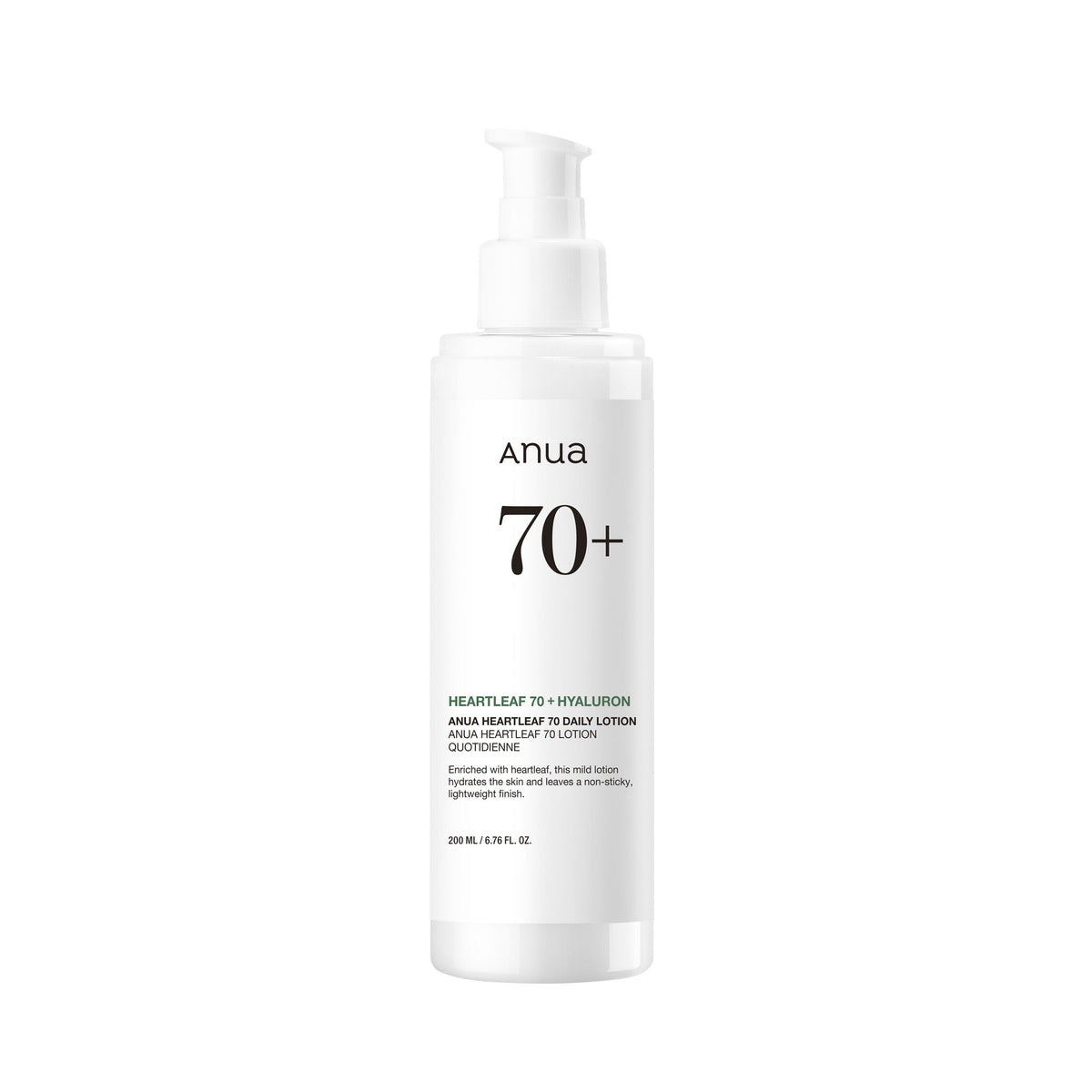 Anua Heartleaf 70 Daily Lotion lightweight moisturizer with hyaluronic acid, suitable for dry, acne-prone skin, in a clear bottle.