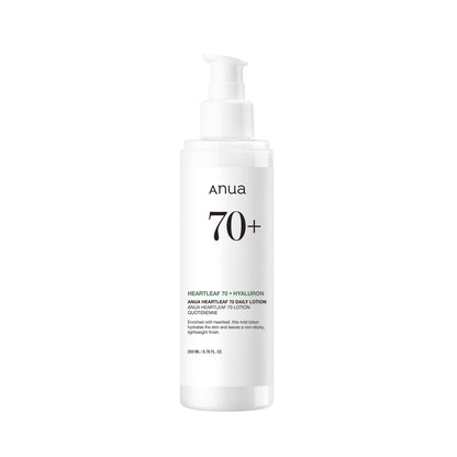 Anua Heartleaf 70 Daily Lotion lightweight moisturizer with hyaluronic acid, suitable for dry, acne-prone skin, in a clear bottle.