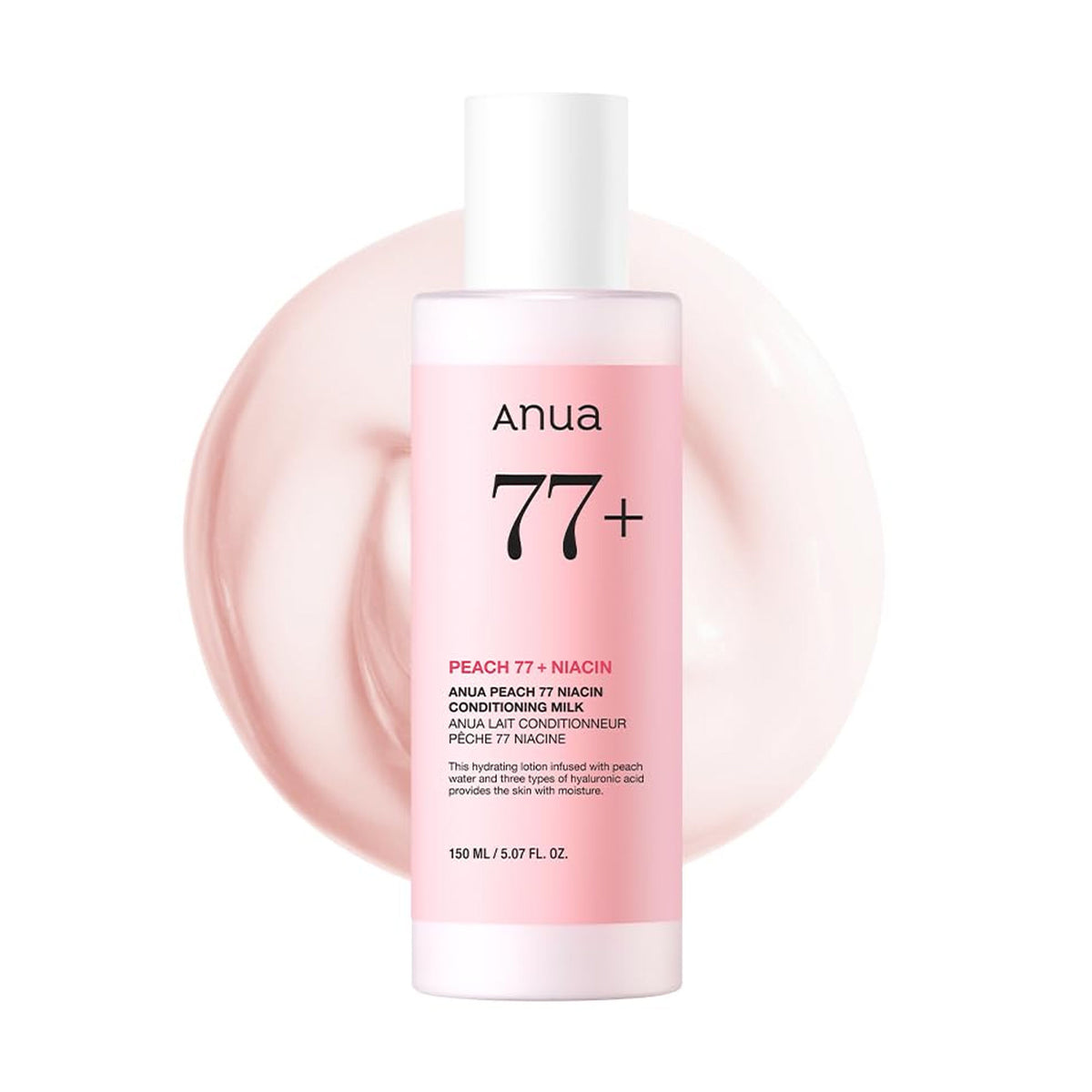 Anua Peach 77 Niacin Conditioning Milk bottle with peach-themed packaging, featuring ceramide and hyaluronic acid for hydration and brightening.