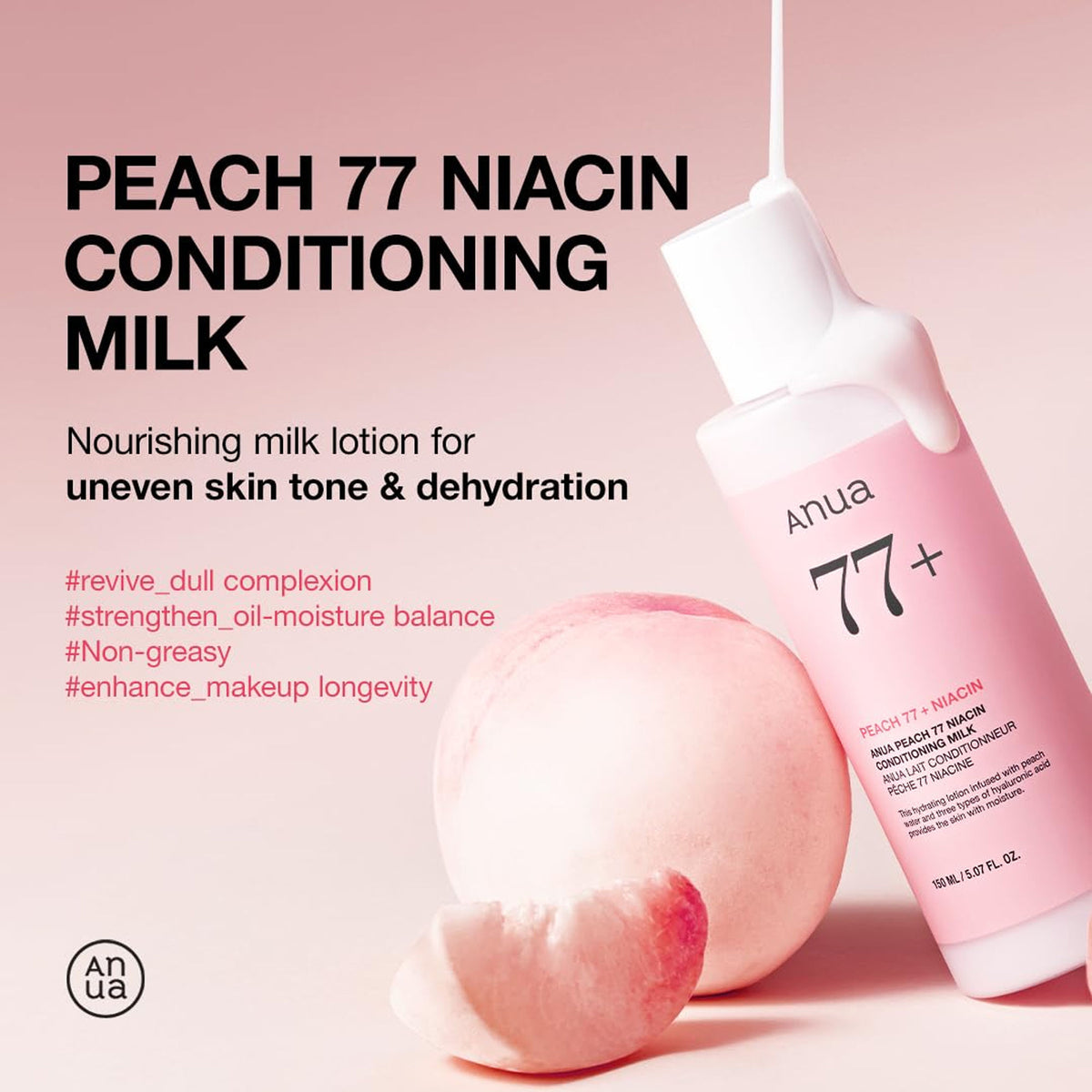 Anua Peach 77 Niacin Conditioning Milk bottle with peach illustration, highlighting hydrating and brightening skincare ingredients.