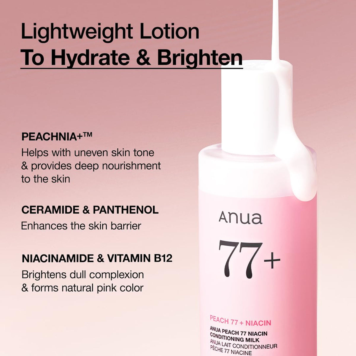 Anua Peach 77 Niacin Conditioning Milk with ceramide and hyaluronic acid, showing the bottle with peach imagery and product label.