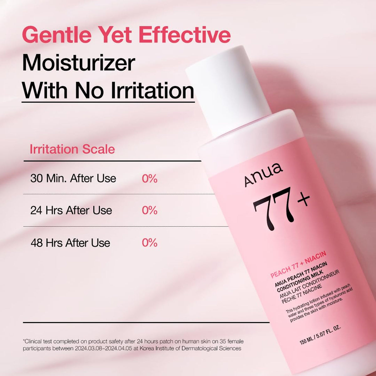 Anua Peach 77 Niacin Conditioning Milk with ceramide and hyaluronic acid, showing the nourishing bottle with peach design and product label.
