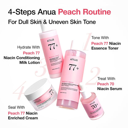 Anua Peach 77 Niacin conditioning milk with ceramide and hyaluronic acid, shown in a bottle, for hydrating and brightening skin