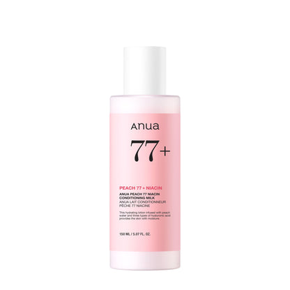 Anua Peach 77 Niacin conditioning milk bottle with ceramide and hyaluronic acid for hydrating and brightening skin.