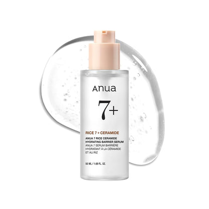 Anua 7 Rice Ceramide Hydrating Barrier Serum with ceramide and hyaluronic acid for glowing, Korean glass skin.