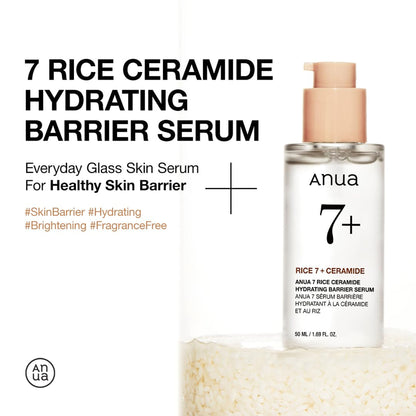 Anua 7 Rice Ceramide Hydrating Serum with ceramide and hyaluronic acid, featuring a sleek dropper bottle for Korean glass skin skincare.
