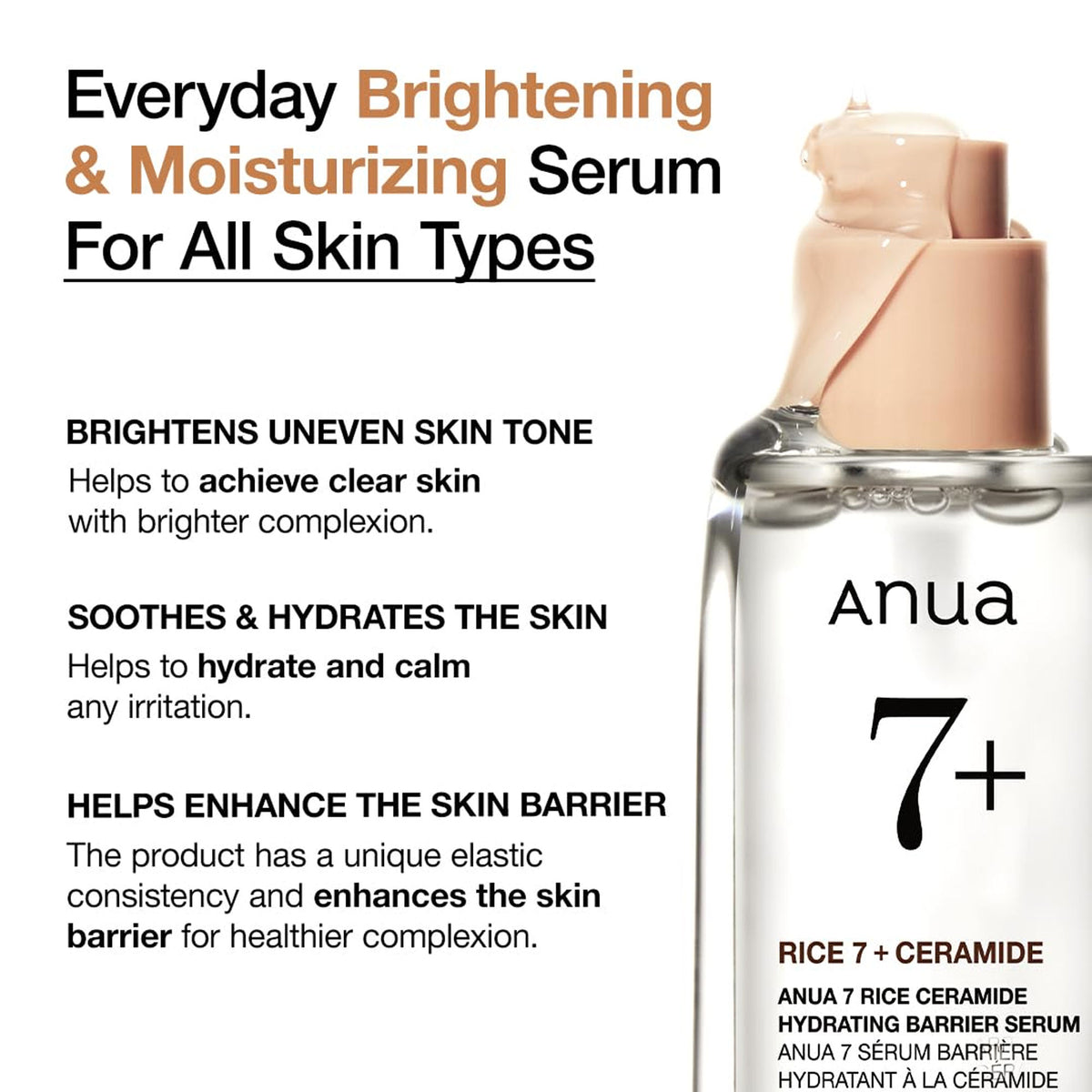 Anua 7 Rice Ceramide Hydrating Barrier Serum with ceramide and hyaluronic acid for glowing Korean glass skin.