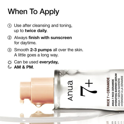 Anua 7 Rice Ceramide Hydrating Barrier Serum with ceramide and hyaluronic acid for glowing Korean glass skin, shown in a sleek bottle.