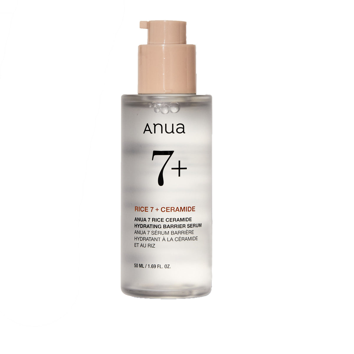 Anua 7 Rice Ceramide Hydrating Barrier Serum with ceramide and hyaluronic acid, promoting Korean glass skin.
