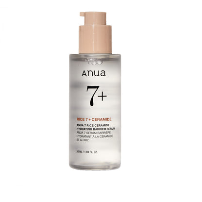 Anua 7 Rice Ceramide Hydrating Barrier Serum with ceramide and hyaluronic acid, promoting Korean glass skin.