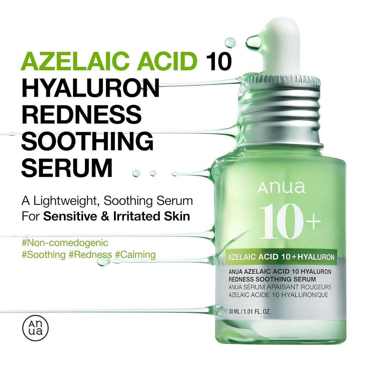 Anua Azelaic Acid 10 Hyaluron serum with Cica for soothing and calming redness on acne-prone skin, featuring a clear bottle and dropper.