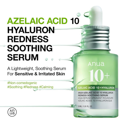 Anua Azelaic Acid 10 Hyaluron serum with Cica for soothing and calming redness on acne-prone skin, featuring a clear bottle and dropper.