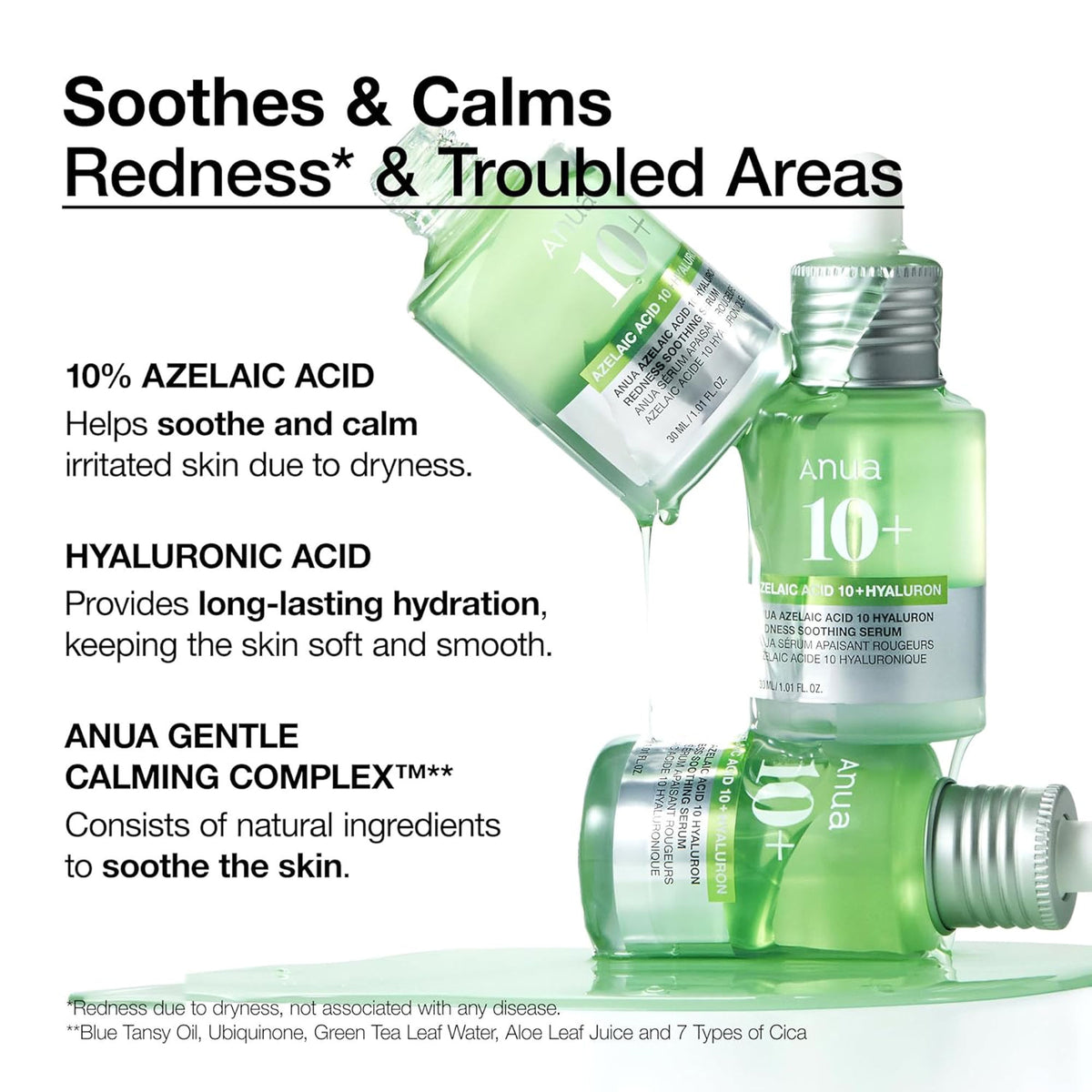 Anua Azelaic Acid 10 Hyaluron Serum with Cica, soothing and calming acne-prone skin, visible in the product bottle and packaging.
