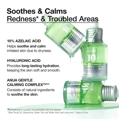Anua Azelaic Acid 10 Hyaluron Serum with Cica, soothing and calming acne-prone skin, visible in the product bottle and packaging.