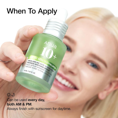 Anua Azelaic Acid 10 Hyaluron serum with Cica, soothing and calming acne-prone skin, in a clear bottle with a pump dispenser.