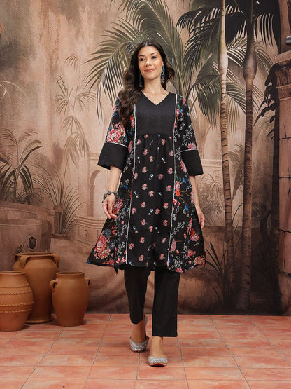 Indyancart SN Women's Floral Print Pleated Schiffli Detail Cotton Kurta with Trousers