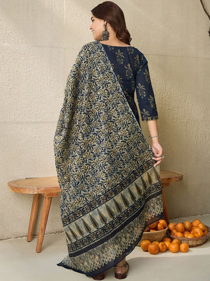 Indyancart IE Floral Printed V Neck Pure Cotton Kurta With Salwar & Dupatta