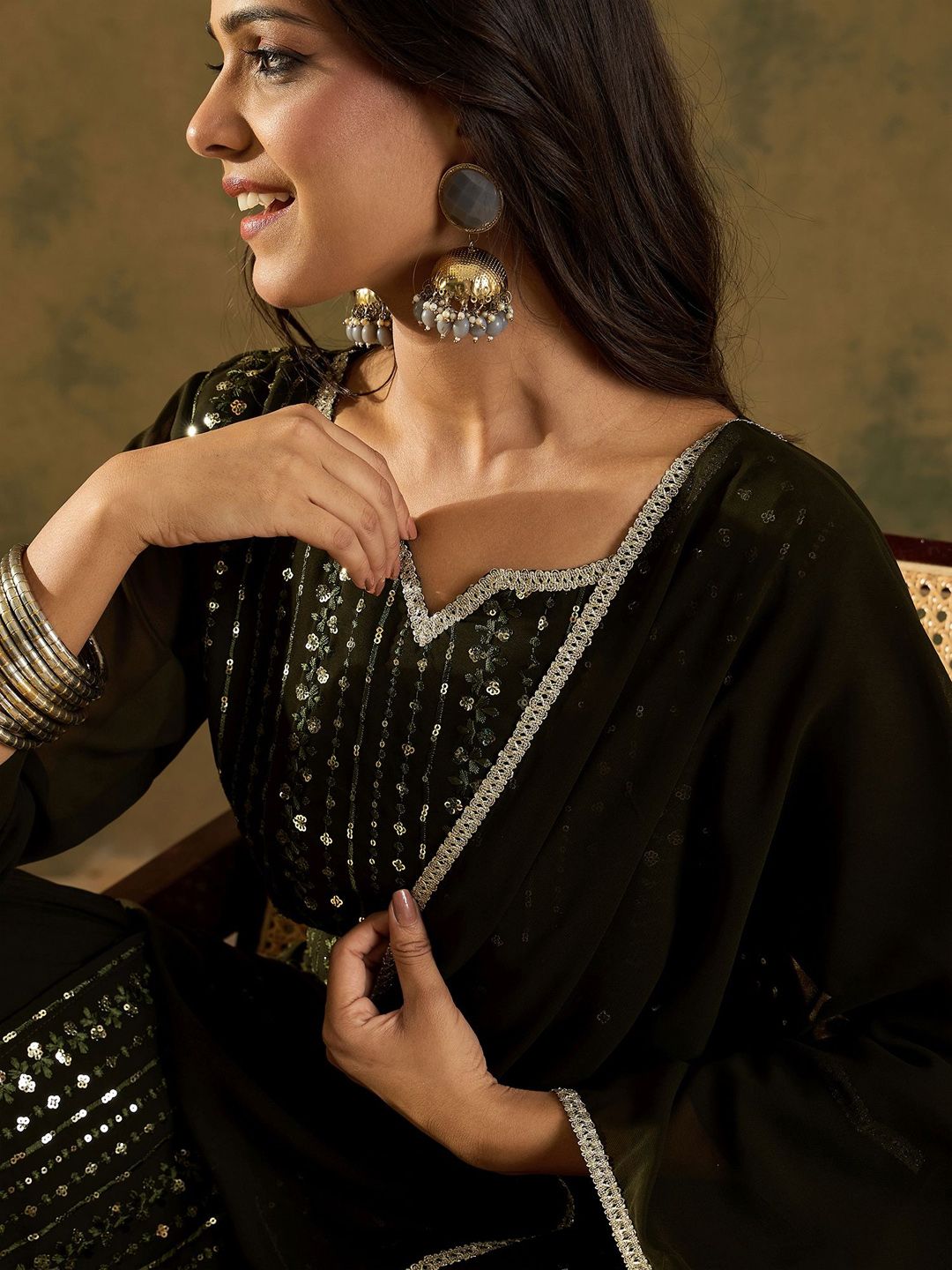 Indyancart IE Women Ethnic Motifs Embroidered Regular Sequinned Kurta with Sharara & With Dupatta