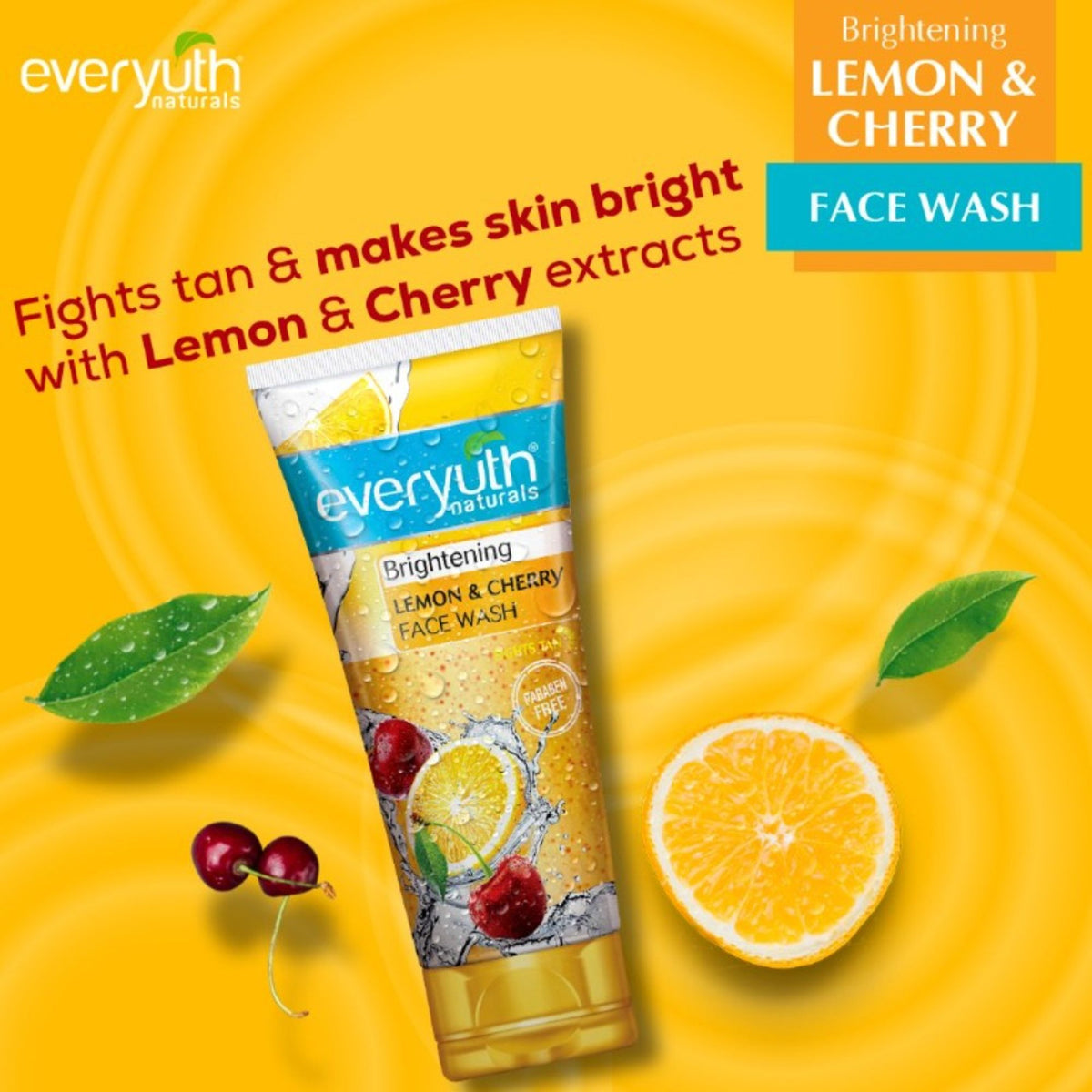 Everyuth Naturals Brightening Lemon & Cherry Face Wash in a pump bottle, suitable for all skin types, paraben-free.
