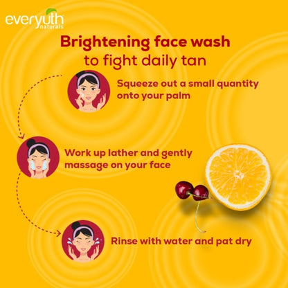 Everyuth Naturals Brightening Lemon & Cherry Face Wash bottle with lemon and cherry illustrations, suitable for all skin types.