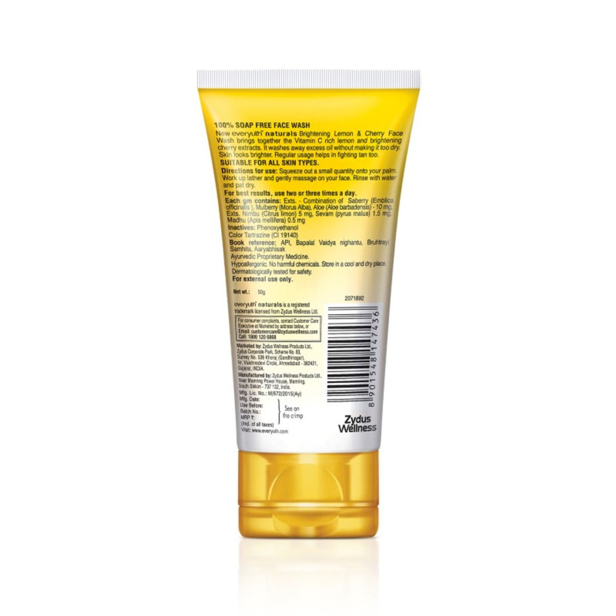 Everyuth Naturals Brightening Lemon & Cherry Face Wash bottle with lemon and cherry extracts, suitable for all skin types.