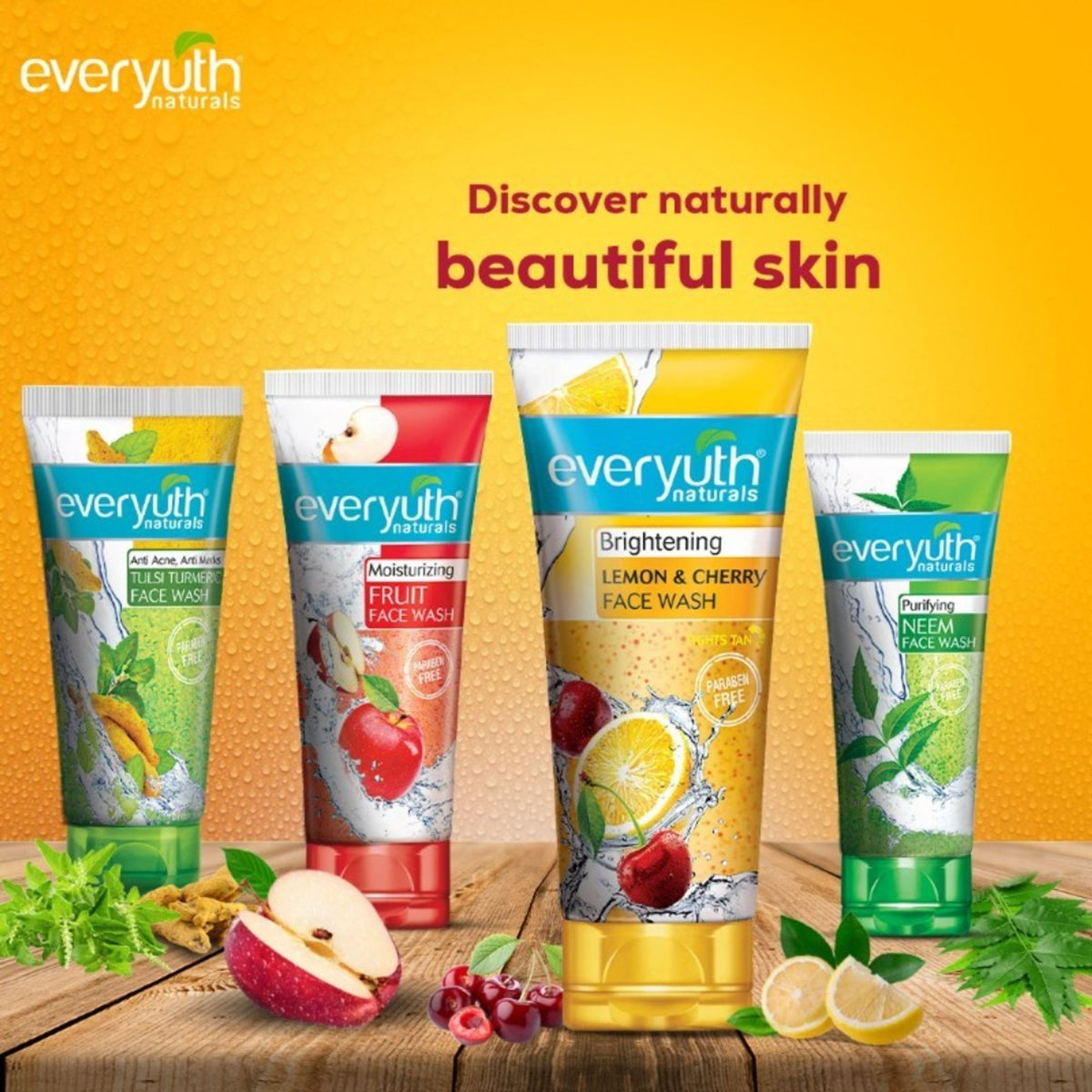 Everyuth Naturals Brightening Lemon & Cherry Face Wash bottle on a white background, suitable for all skin types, paraben free.