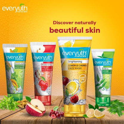 Everyuth Naturals Brightening Lemon & Cherry Face Wash bottle on a white background, suitable for all skin types, paraben free.
