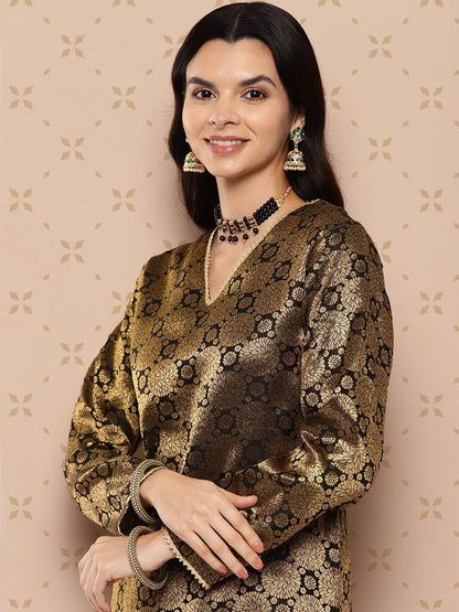 Indyancart SN Women's Zari Woven Gotta Patti Detailed Brocade Kurta with Trousers