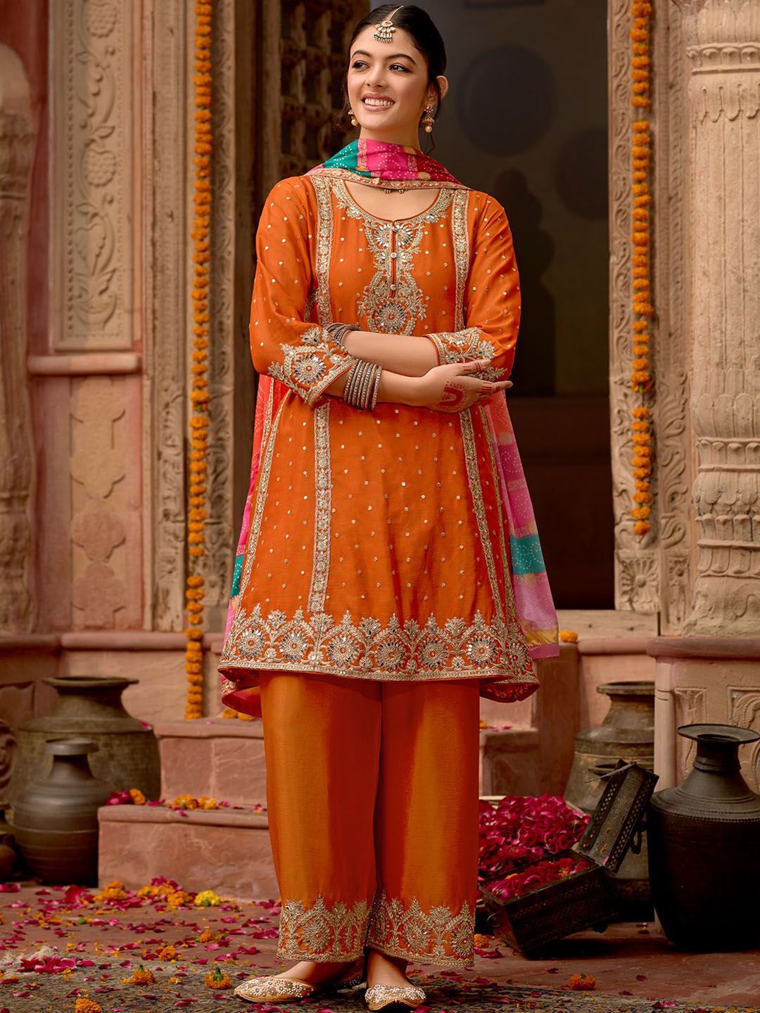 Indyancart IE Floral Embroidered Panelled Mirror Work A-Line Kurta With Palazzos & Dupatta